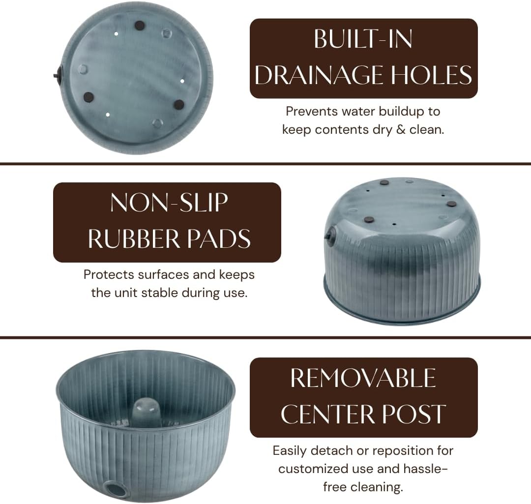 Monarch Abode Decorative Garden Hose Holder with Lid, Patina Storage for Outdoor Use, 100 ft Water Hose Pot for Outside, Ridge Embossed Metal Pot with Drainage, Garden Storage Organizer