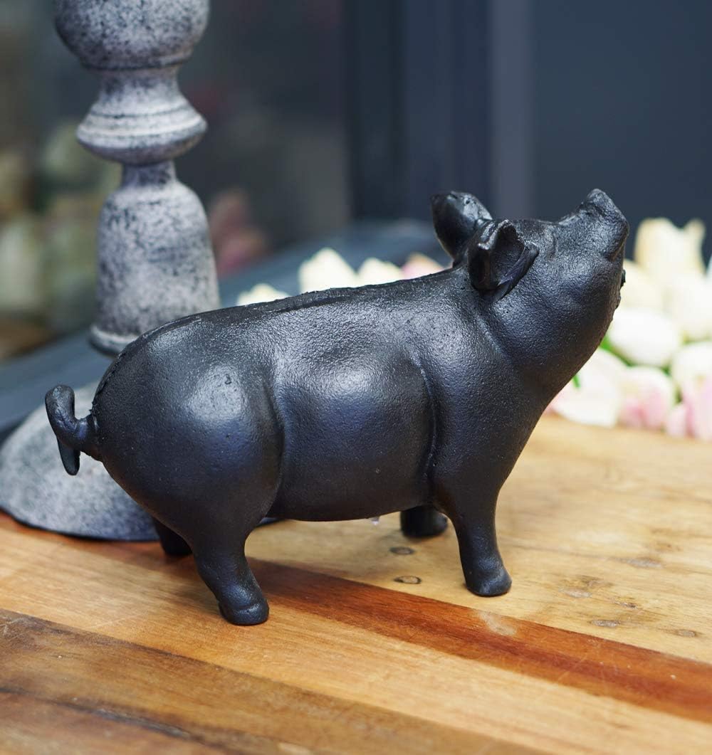 NACH Cast Iron Pig Statue - Black Door Stopper/Paperweight, Rustic Garden Decor, 9.2x3.7x5.9 Inch, Black Head Up Pig