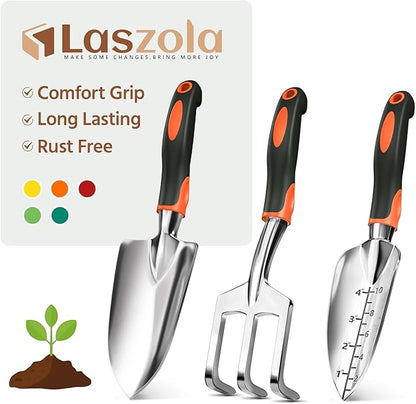 LASZOLA 3 Piece Garden Tool Set Include Hand Trowel Rake and Transplant Shovel for Women, Indoor Heavy Duty Small Spade Kit with Ergonomic Handle to Weed and Loosen, for Mom and Plant Beginner, Orange