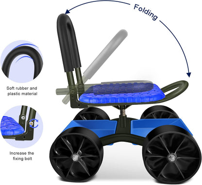 i COVER Garden Cart Rolling Stool Four Wheels with Tool Bag and Two Patio Gloves, Stable Workseat Sturdy Carts Adjustable Seat Height and Direction, Gardening Helper