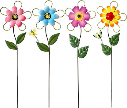 Metal Flowers for Outside, 15.85" 4-Pack Decorative Garden Stakes for Spring Garden Decor, Shaking Head Yard Art Decorations for Patio Porch Lawn Ornaments
