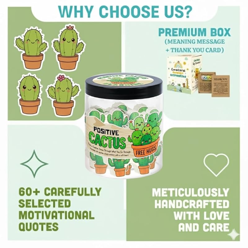 Positive Cactus Jar with 60 Daily Affirmation Cards, Emotional Support Cactus Gifts, Stress Relief, Motivational Gift, Cactus Plushies, Mini Plant Decor, Funny Gifts for Women, Positive Cactus Toy