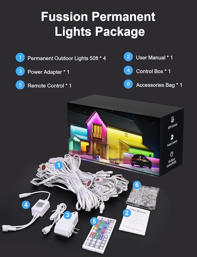 Fussion 200ft Permanent Outdoor Lights for House, 2025 Smart RGB LED Outside Lights with APP Remote Control, IP67 Waterproof Eternity Eaves Lighting for Christmas, Halloween, Holiday, Party, Daily