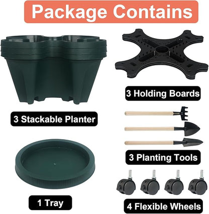 Vertical Planter 3 Tier Stackable Planters Garden Planters Strawberry Herb Flower and Vegetable Planter Indoor Outdoor Gardening Pots with Removable Wheels and Tools
