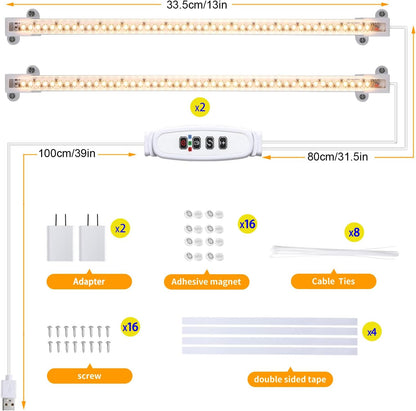Two Strip Growing Lamp for Indoor Plants, 3500K Full Spectrum LED Grow Light Strips with Auto ON/Off 3/9/12H Timer & 10 Dimmable Levels for Green House Succulent (2 Headx2 Pack)