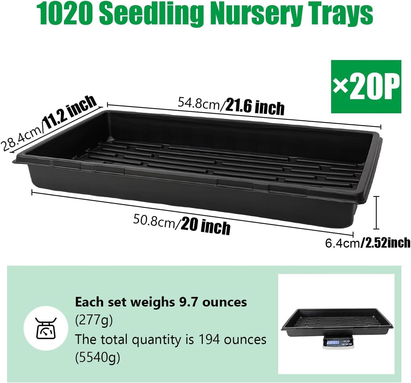 20 Pack 1020 Trays, No Drain Holes, 20" x 10", Extra Thick Heavy Duty Seed Starting Trays -Reusable Propagation Flats for Microgreens, Seedlings, Plant Germination, Fodder and Transplant
