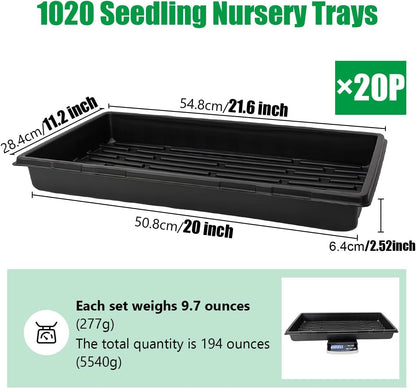 20 Pack 1020 Trays, No Drain Holes, 20" x 10", Extra Thick Heavy Duty Seed Starting Trays -Reusable Propagation Flats for Microgreens, Seedlings, Plant Germination, Fodder and Transplant