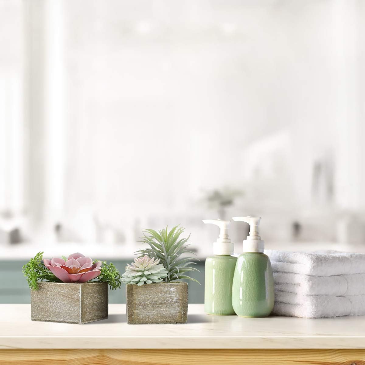 Mingfuxin Succulent Plants Artificial, Small Fake Plants in Pots, Mini Artificial Plants Indoor with Wood Potted for Bathroom Home Office Living Room Table Desk Shelf Decor, Set of 3