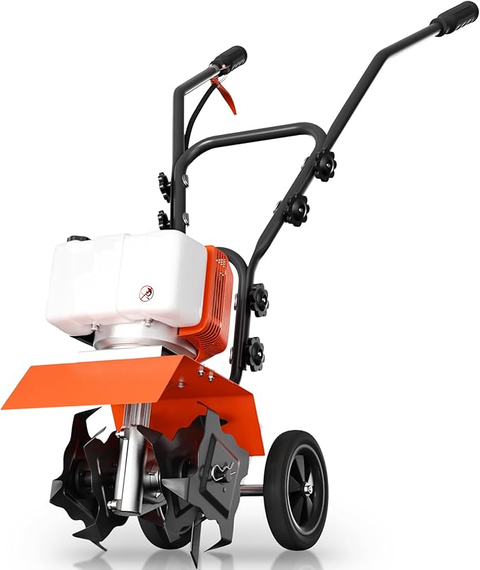 62cc Gas Tiller Cultivator, 10-Inch 2-Cycle Gas Powered Garden Tiller for Heavy Duty Soil, Self-Propelled Lawn Tiller with 4 Steel Tines & Adjustable Handle, Easy Pull Start for Clay/Dirt