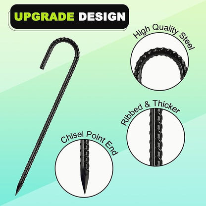Kadrick 32-Pack Rebar Stakes 12 inch，J Hook Ground Stakes Anchors, Black Galvanized Fence Stakes,Heavy Duty 5/16'' Diameter