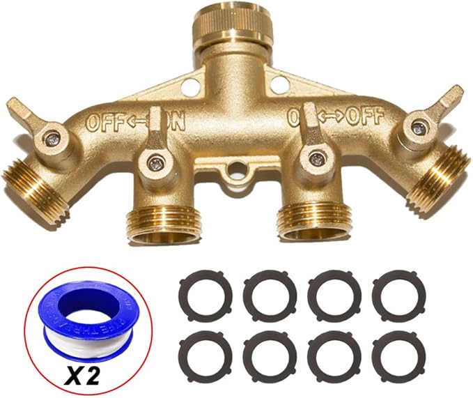 HQMPC 4 Way Hose Splitter 3/4" GHT Garden Hose Splitter 4 Way Solid Brass Hose Connector Heavy Duty Hose Spigot Adapter With 4 Valves 8 Gaskets +2 Seal Tapes