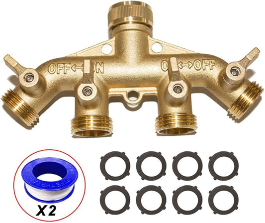 HQMPC 4 Way Hose Splitter 3/4" GHT Garden Hose Splitter 4 Way Solid Brass Hose Connector Heavy Duty Hose Spigot Adapter With 4 Valves 8 Gaskets +2 Seal Tapes