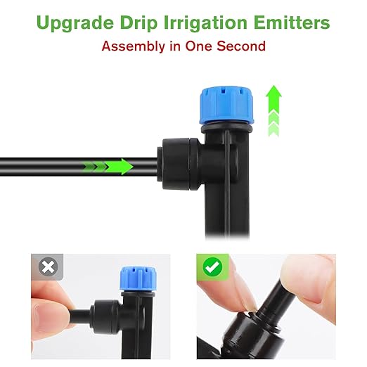 100PCS Drip Irrigation Emitters, Kalolary Adjustable 360 Degree Water Flow Drippers Emitters for 1/4" Drip Irrigation System Tubing, Garden Irrigation Drippers for House Garden Flower beds(Blue)