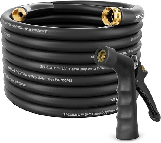 SPECILITE 3/4" Hot/Cold Garden Hose 75 ft with Industrial High Pressure Nozzle, Flexible & Lightweight, 600psi Burst Rubber Water hose -50℉-158℉ With 3/4" Brass Fittings for Yard, Black