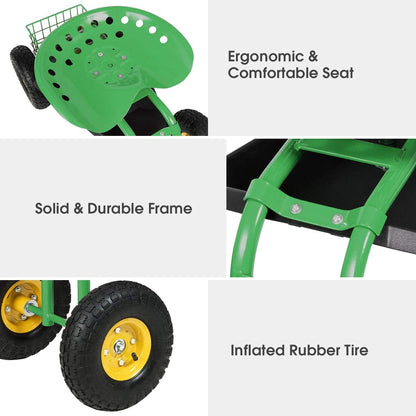 IRONMAX Garden Cart with Seat, Gardening Rolling Stool Scooter w/Wheels, Tool Tray and Basket for Planting, Wheeled Outdoor Gardening Work Seat for Patio, Yard (Green)