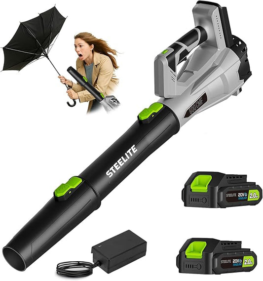 Steelite Leaf Blower Cordless with 2 Battery and Charger, 20V Electric Leaf Blowers, Lightweight Handheld Blower for Lawn Care, Patio, Garden, Grey and Green