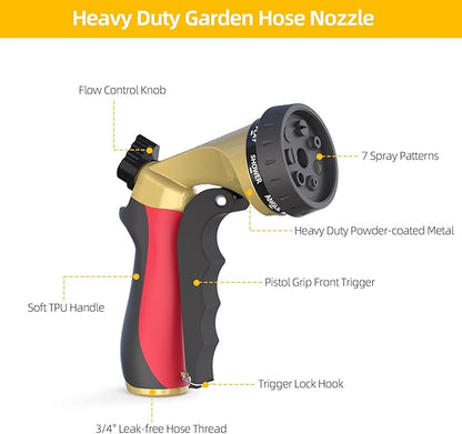 Garden Hose Sprayer Nozzle, Heavy Duty Water Hose Nozzle with 7 Spray Patterns, High Pressure Garden Sprayer with Adjustable Button & Lockable Trigger for Watering Plants & Lawns, Washing Cars, Pets