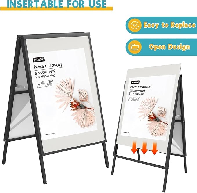 4 PCS A Frame Sign Holder-24x36 Inch, Heavy-Duty Double-Sided Sandwich Board Holder, Foldable Business & Store Sign Holders with Metal Flap to Protect Against Raindrops, for Pavement Outdoor, Frame Only