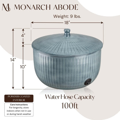 Monarch Abode Decorative Garden Hose Holder with Lid, Patina Storage for Outdoor Use, 100 ft Water Hose Pot for Outside, Ridge Embossed Metal Pot with Drainage, Garden Storage Organizer