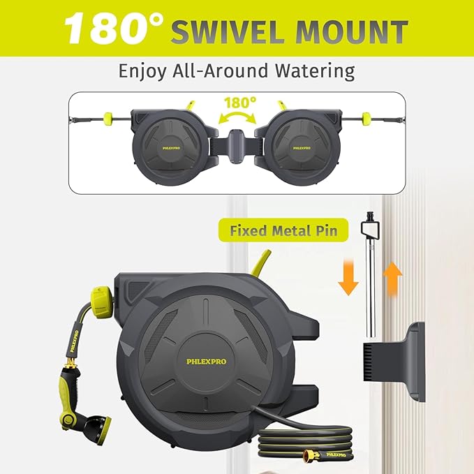 Retractable Garden Hose Reel 5/8 in x 115 ft Heavy Duty Automatic Water Hose Reel Wall Mounted with 10 Pattern Nozzle,Any Length Lock, Slow Return System, 180°Swivel Bracket