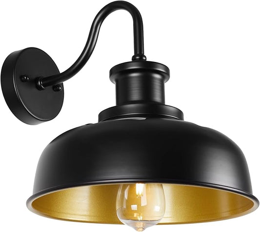 Solar Barn Light for Outside, Gooseneck Outdoor Wall Lights Solar Powered, Farmhouse Exterior Wall Sconce, Industrial Outside Lighting Fixture, Rustic Lantern for Garage, Barn, Shed, RZSR007 BK