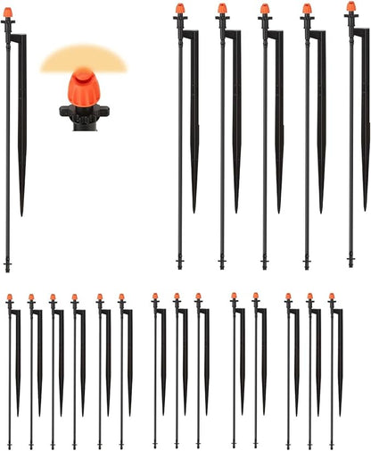 180 Degree Micro Drip Spray Emitters: 20 Set Drip Irrigation Sprinkler Heads on 12 Inch Stakes with 1/4" Tubing, Half Circle Pattern Drip Emitters for Garden Irrigation System