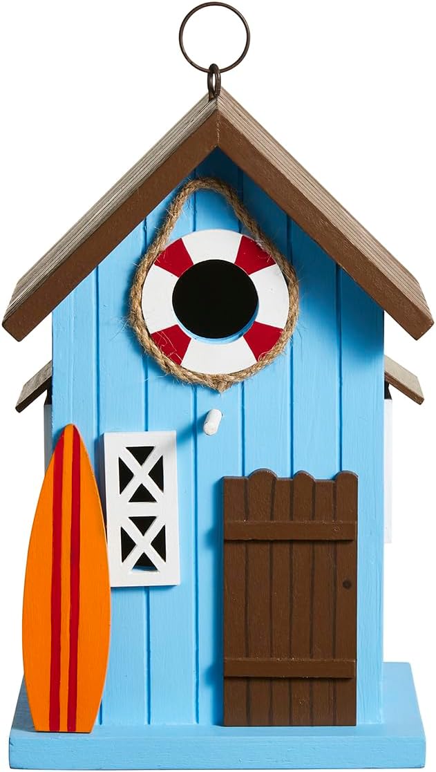 Glitzhome Blue Bird Houses for Outdoors, 10" H Modern Solid Wood Cottage Hand Painted Hanging Bird House Beach Hut Decorative Pet Cottage Outdoor Garden Birdhouse for Wren Finch Cardinals,Blue