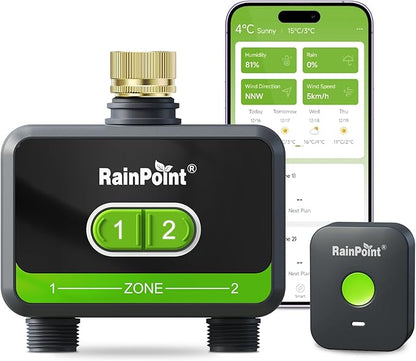 RainPoint WiFi Water Timer for Garden Hose with Brass Inlet, 2-Zone Smart Hose Timer, WiFi Irrigation Controller, Automatic Sprinkler Watering System for Lawns and Yard