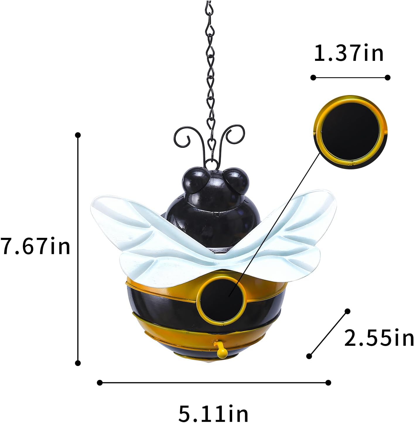 Honeybee Theme Bird House - Decorative Outdoor Metal Birdhouse for Garden, Yard, or Patio - Rust-Resistant & Weatherproof Bee Design with Hanging Chain - Attracts Finches, Sparrows 7.67”x5.11”x2.55”
