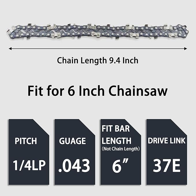 [4 Pieces] Mini Chainsaw Chain Fit 6 Inch Chainsaw Replacement for Wood Branch Cutting (37E Drive Links, 1/4"LP Pitch .043" Gauge, Bar length 6", Chain Length 9.4")