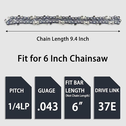 [4 Pieces] Mini Chainsaw Chain Fit 6 Inch Chainsaw Replacement for Wood Branch Cutting (37E Drive Links, 1/4"LP Pitch .043" Gauge, Bar length 6", Chain Length 9.4")