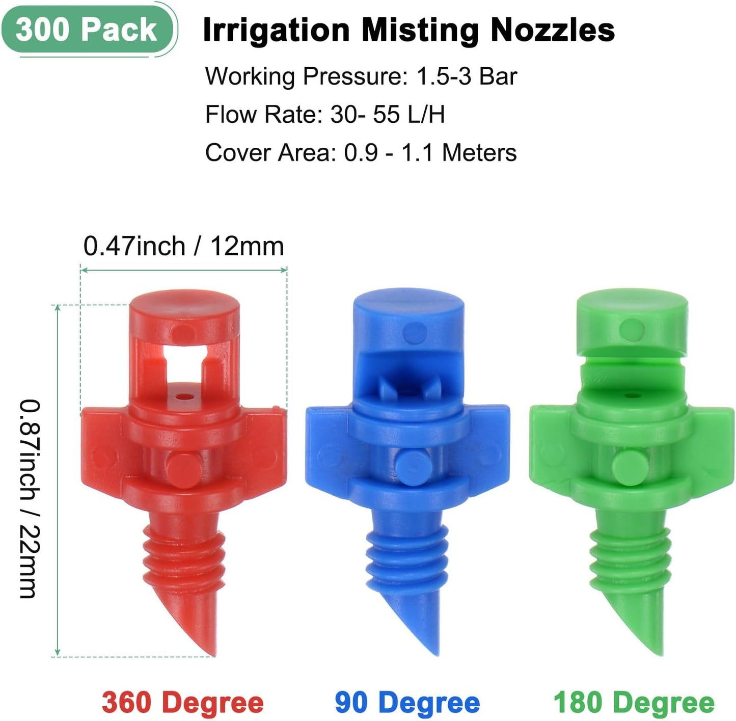 300-Pack Misting Nozzles, 90/180/360 Degree Irrigation Emitter Sprinklers for Garden/Plant/Lawn Water Irrigation System Barbed Refraction Atomizing Dripper [Blue/Green/Red]