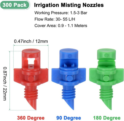 300-Pack Misting Nozzles, 90/180/360 Degree Irrigation Emitter Sprinklers for Garden/Plant/Lawn Water Irrigation System Barbed Refraction Atomizing Dripper [Blue/Green/Red]