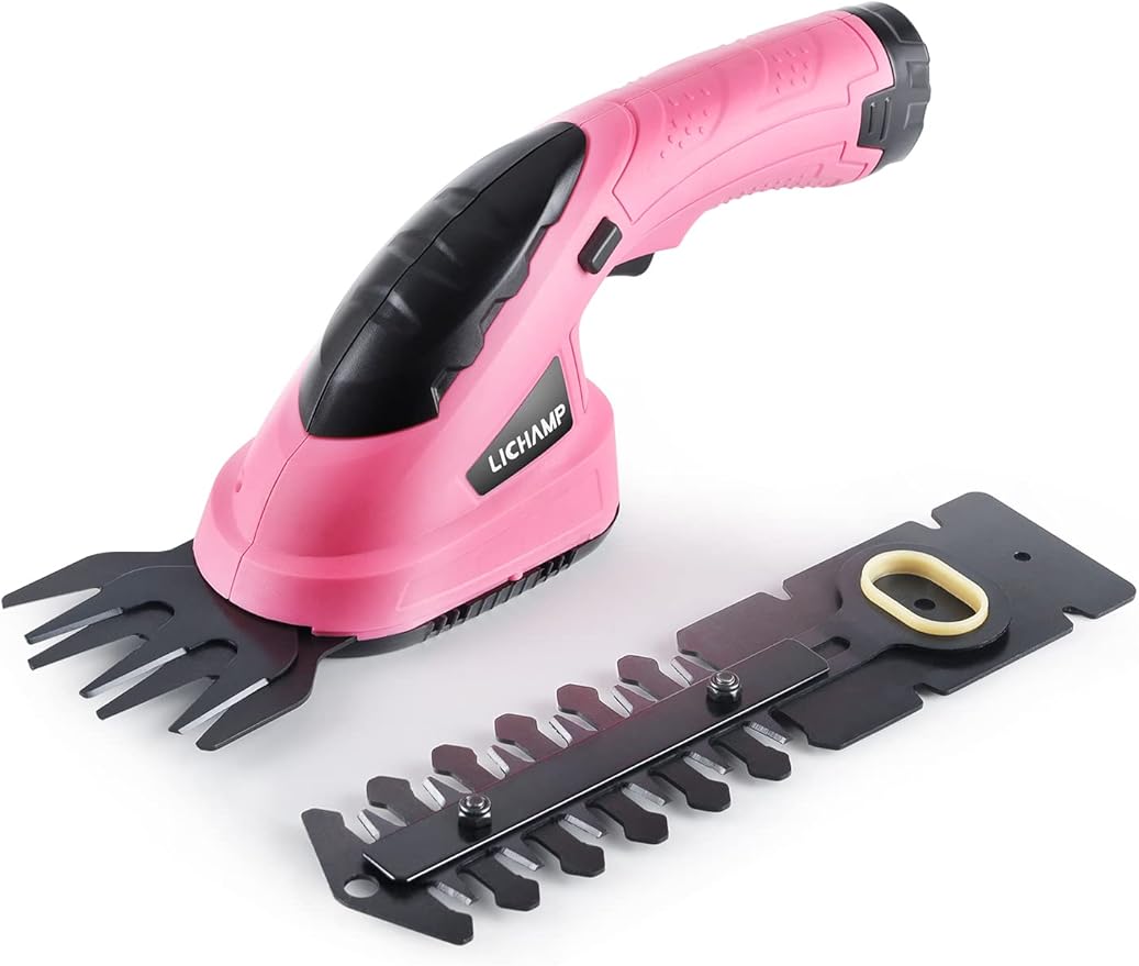Lichamp 2-in-1 Electric Hand Held Grass Shear Pink Hedge Trimmer Shrubbery Clipper Cordless Battery Powered Rechargeable for Garden and Lawn, CGS3601PK Pink