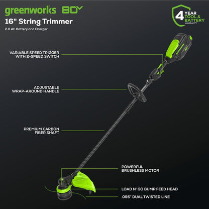 Greenworks 80V 16" Carbon Fiber Brushless Cordless String Trimmer - 2-Mile Fence Line & Driveway Edging Pro, 2.0Ah Battery/Charger Included, 23% Lighter vs Gas Trimmers
