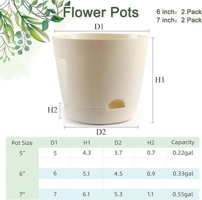 6+7 Inch Self Watering Planters for Indoor Plants, 4 Pack Self Watering Planters with Drainage Holes & Saucers, Plastic Flower Pots Outdoor with Reservoir for All Houseplants Garden Pots (Cream White)