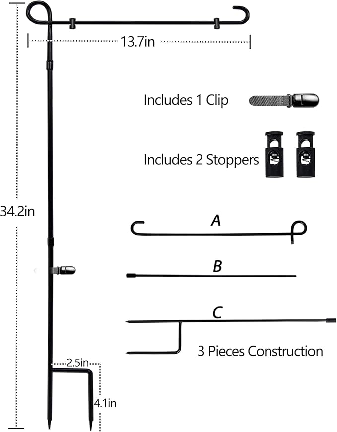 3 Pack Garden Flag Stand Holder Pole,Premium Powder-Coated Weather-Proof Metal Paint Yard Flag Stand with Tiger Clip and Spring Stoppers,House Flag Pole Holder for Outdoor Garden Lawn