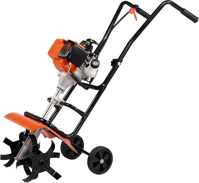 VEVOR Tiller Cultivator, 31CC 4-Stroke Garden Cultivator, Tiller with 4 Steel Adjustable Front Tines for Lawn, Garden and Field Soil Cultivation, Orange