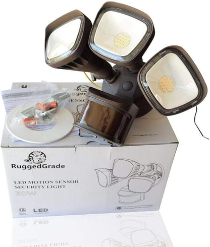 RuggedGrade 30W Turin II Series LED Security Wall Light - Motion Wall Light - 2,600 Lumens - 3000K Warm White - 240° Sensor - Square Heads - Bronze Housing - Outdoor LED Light - DLC 5.1 Premium