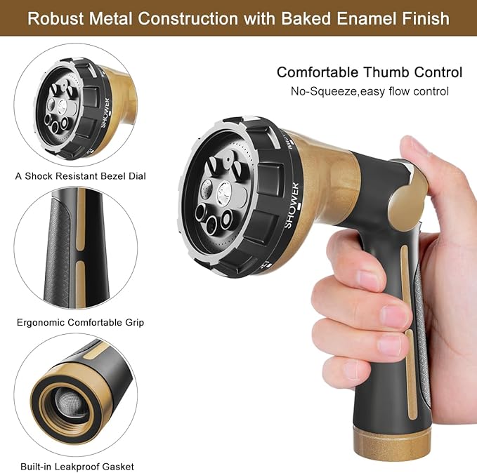 FANHAO Garden Hose Nozzle Heavy Duty, 100% Metal Water Hose Sprayer with 8 Spray Patterns, High Pressure Spray Nozzle Thumb Control On Off Valve for Lawn & Plant Watering, Car & Pet Washing - Khaki