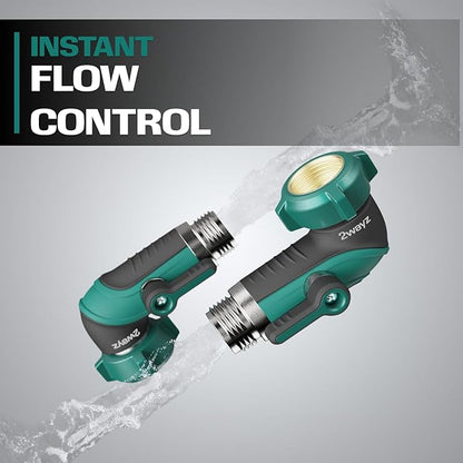 2WAYZ 90 Degree Hose Elbow Adapter - Heavy Duty Full Metal Body Garden Hose Shut Off Valve - 3/4-Inch Inlet and Outlet Angle Connector for RV, Waterhose Elbow - 2.3x2.3x4.1-Inch (Green and Black)