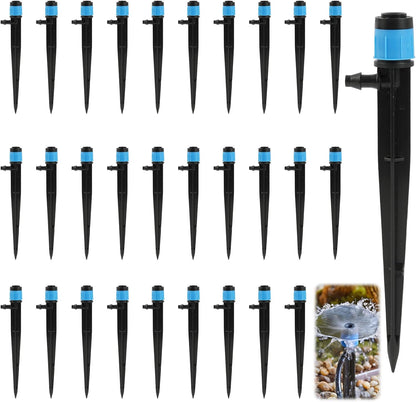 30PCS 1/4 Drip Irrigation Emitters with 6 inch Stakes - Adjustable 360 Degree Vortex Push-to-Connect Drippers for Precision Plant Watering Garden, Greenhouse Micro Irrigation Systems Kits
