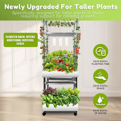 2-Tier Hydroponics Growing System for Tall & Climbing Plants, Awokabud Planters for Flowers and Plants,Indoor Herb Garden Kit with Adjustable LED Grow Light, Automatic Water Circulation-32 Pods