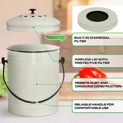 Plexon Countertop Compost Bin Kitchen Indoor with Lid, Off-White 1.5 Gallon Odorless Container, Steel Food Compost Bucket for Kitchen with Charcoal Filter, Compost Pail Countertop