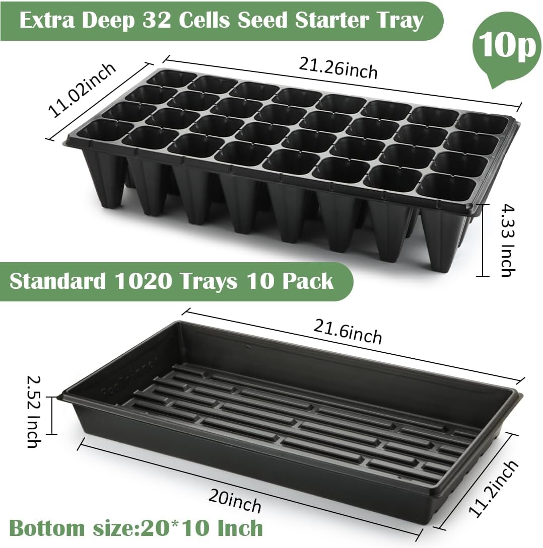 10 Pack 1020 Seedling Starter Trays with 10 Pack 32 Cell Plug Inserts Extra Deep 4.33" - Heavy Duty Plastic Nursery Trays for Seed Germination & Plant Propagation (10 Sets)