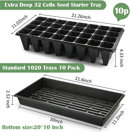 10 Pack 1020 Seedling Starter Trays with 10 Pack 32 Cell Plug Inserts Extra Deep 4.33" - Heavy Duty Plastic Nursery Trays for Seed Germination & Plant Propagation (10 Sets)