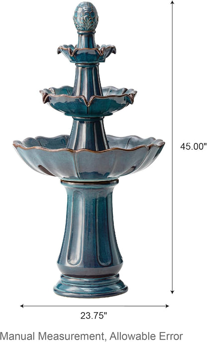 Glitzhome Outdoor Fountain and Waterfalls 3 Tier Patio Fountains, 45" H Turquoise Ceramic Water Fountain with LED Light, Pump & Adapter Garden Outdoor Floor Stand Fountains for Backyard Deck Lawn