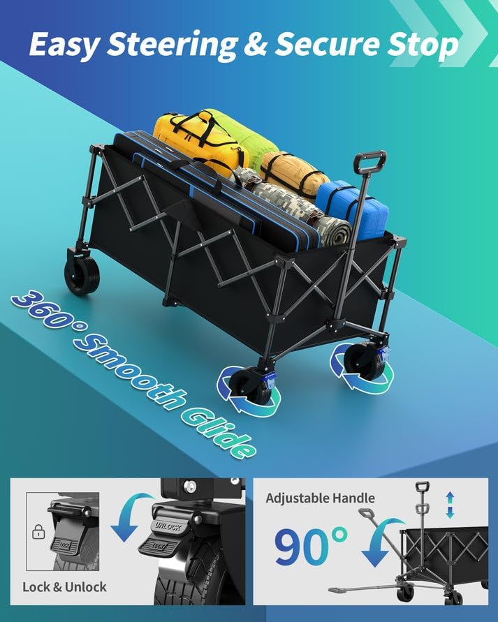 45.5" L Kitsure Collapsible Wagon - Heavy Duty Foldable Wagon with 440lbs Capacity, Adjustable Handle, Shopping Cart with Wheels for Camping, Groceries, Black, 45.5" x 24.0" x 38.0"