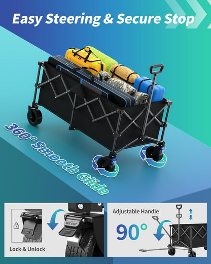 45.5" L Kitsure Collapsible Wagon - Heavy Duty Foldable Wagon with 440lbs Capacity, Adjustable Handle, Shopping Cart with Wheels for Camping, Groceries, Black, 45.5" x 24.0" x 38.0"