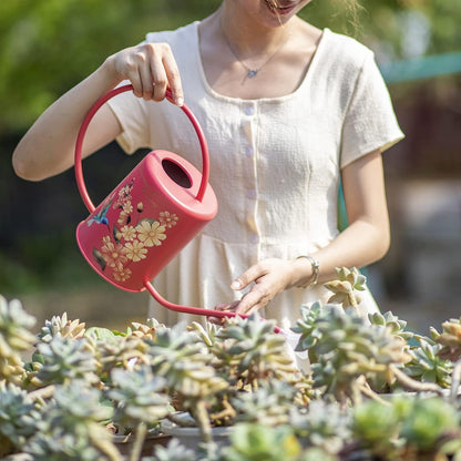 Yowon 1/2 Gallon 68oz Long Spout Stainless Steel Flower and Hummingbird Pattern Watering Can for Indoor Plant Watering or Outdoor Gardening with 2 Removable Spray Spout for Flowers Plant,Red,YW0414RP